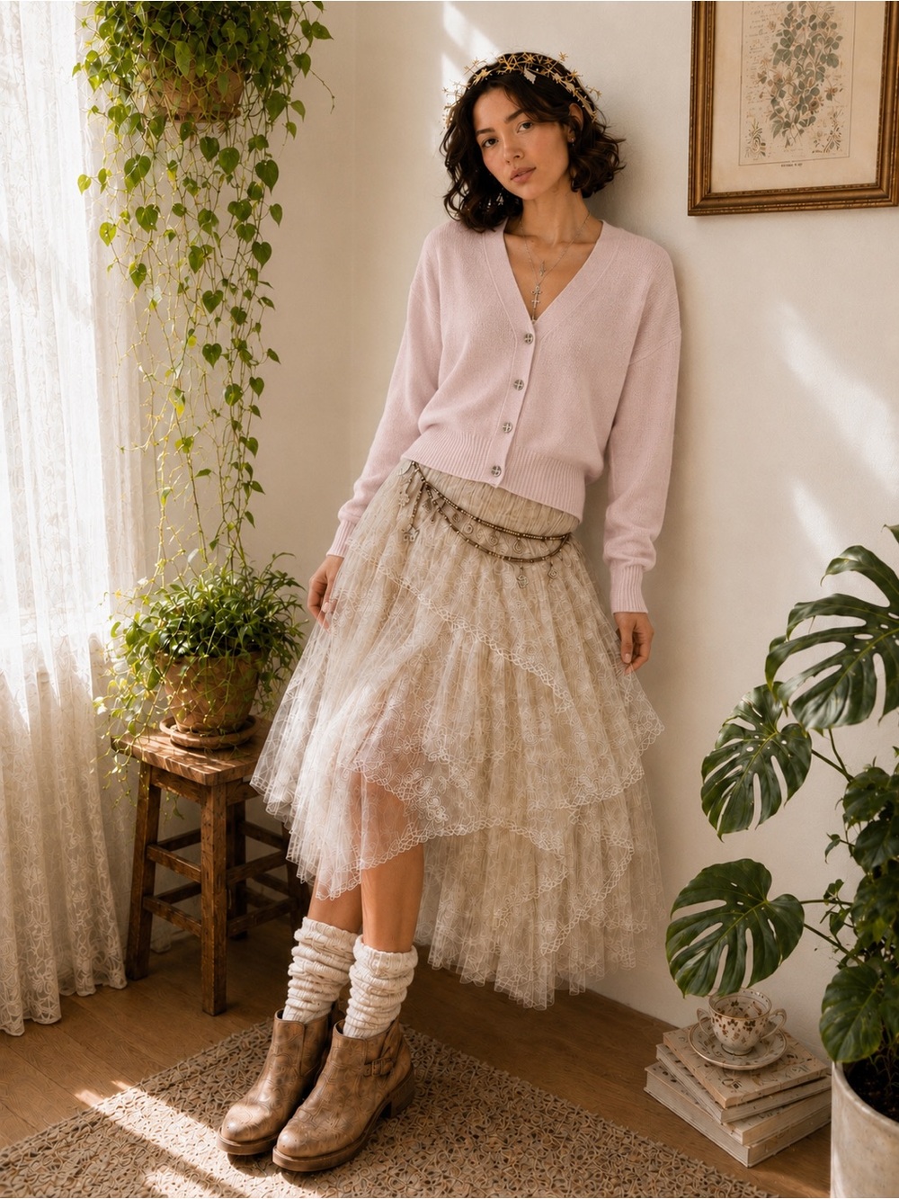 Ted Baker Light Pink and Gold Stitching V-Neck Button Cardigan Sweater